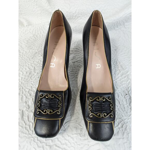 NWOT! UNISA! 1 SHOW! BLACK LEATHER/GOLD SQUARE TOE PUMPS, HEELS! SZ 8B - Picture 2 of 8